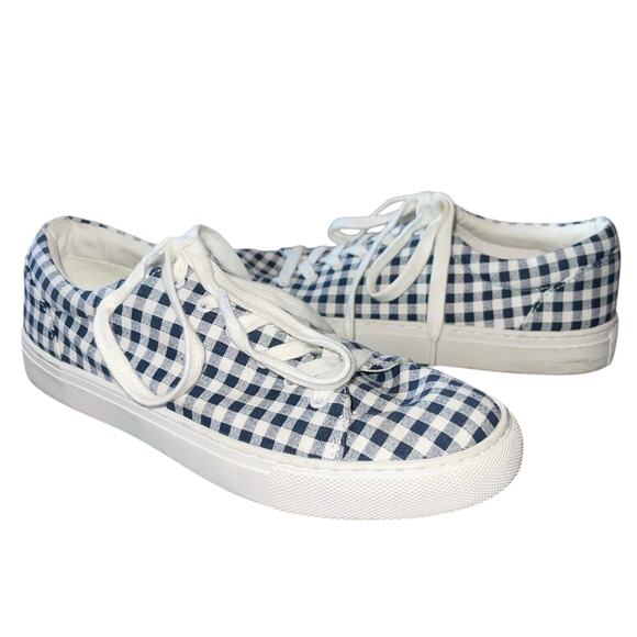 J Crew Sneakers Gingham Road Trip Navy Blue White Plaid - Picture 1 of 7